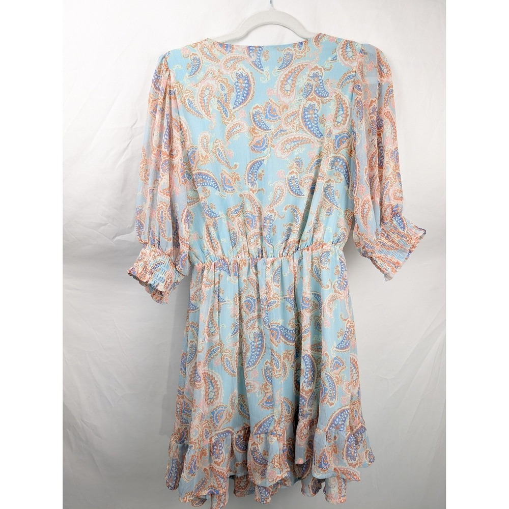 Floral Fairy Smocked Mini Wrap Dress Size‎ S Blue Paisley Ruffle Dainty Coquette - Picture 8 of 9